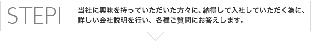 STEP1　当社に興味を持っていただいた方々に、納得して入社していただく為に、詳しい会社説明を行い、各種ご質問にお答えします。