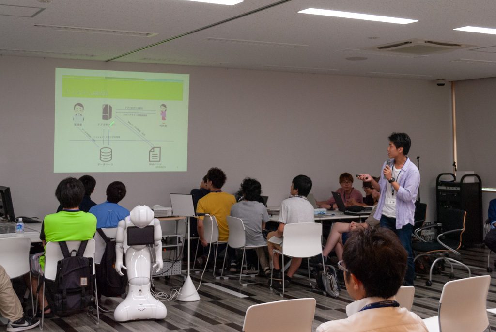 アプリのプレゼンテーションを行う学生